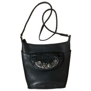 Valerie Stevens Vintage Bucket‎ Bag Leather Silver Flowers Black